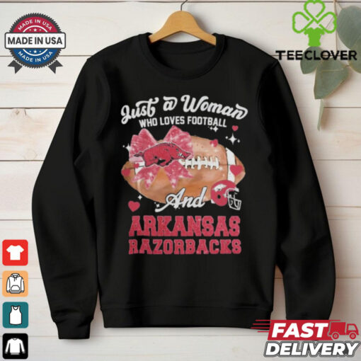 Just A Woman Who Loves Football And Arkansas Razorbacks Helmet Shirt