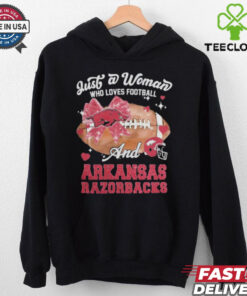 Just A Woman Who Loves Football And Arkansas Razorbacks Helmet Shirt