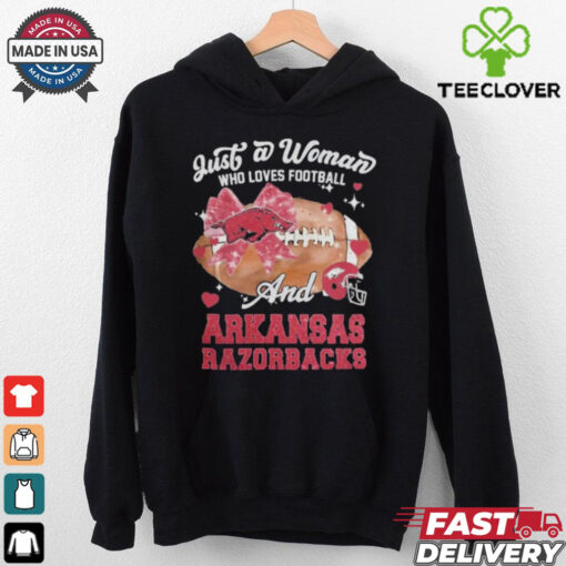 Just A Woman Who Loves Football And Arkansas Razorbacks Helmet Shirt