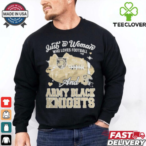 Just A Woman Who Loves Football And Army Black Knights Helmet Shirt