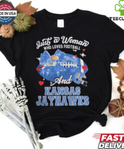 Just A Woman Who Loves Football And Kansas Jayhawks Helmet Shirt