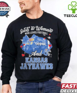 Just A Woman Who Loves Football And Kansas Jayhawks Helmet Shirt