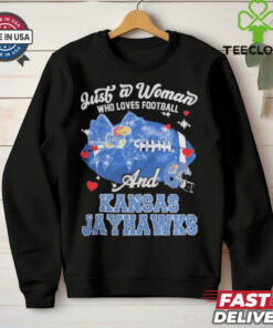 Just A Woman Who Loves Football And Kansas Jayhawks Helmet Shirt