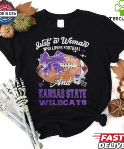 Just A Woman Who Loves Football And Kansas State Wildcats Helmet Shirt