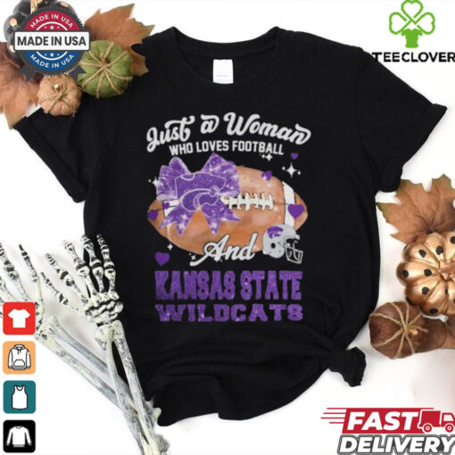 Just A Woman Who Loves Football And Kansas State Wildcats Helmet Shirt