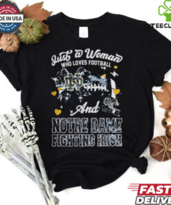 Just A Woman Who Loves Football And Notre Dame Fighting Irish Helmet Shirt