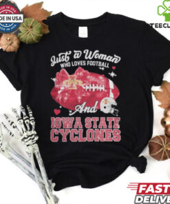 Just A Woman Who Loves Football And Notre Iowa State Cyclones Helmet Shirt