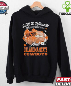 Just A Woman Who Loves Football And Oklahoma State Cowboys Helmet Shirt