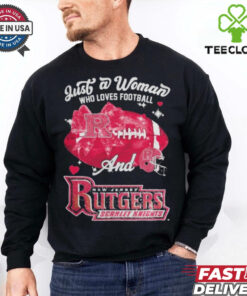 Just A Woman Who Loves Football And Rutgers Scarlet Knights Helmet Shirt