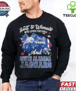 Just A Woman Who Loves Football And South Alabama Jaguars Shirt