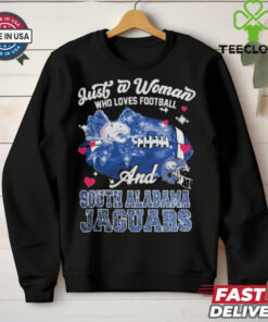 Just A Woman Who Loves Football And South Alabama Jaguars Shirt