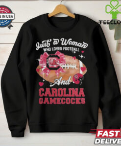 Just A Woman Who Loves Football And South Carolina Gamecocks Helmet Shirt