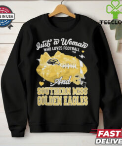 Just A Woman Who Loves Football And Southern Miss Golden Eagles Helmet Shirt