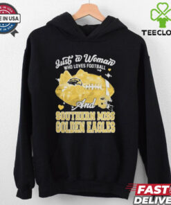 Just A Woman Who Loves Football And Southern Miss Golden Eagles Helmet Shirt