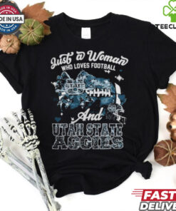 Just A Woman Who Loves Football And Utah State Aggies Helmet Shirt