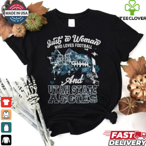 Just A Woman Who Loves Football And Utah State Aggies Helmet Shirt