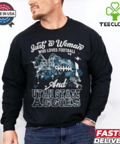 Just A Woman Who Loves Football And Utah State Aggies Helmet Shirt