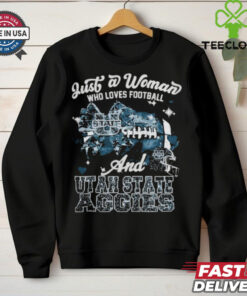 Just A Woman Who Loves Football And Utah State Aggies Helmet Shirt