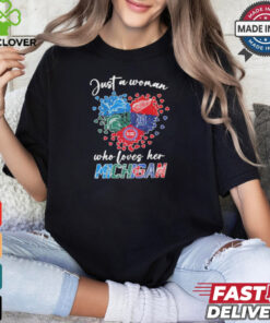 Just A Woman Who Loves Her Michigan Sport Teams Logo Heart Shirt