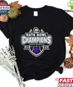 K-State Wildcats Rate Bowl Champions 2024 Champ Logo NCAAF Bowl Games T-Shirt, featuring a celebratory design with the official Rate Bowl Championship logo and the K-State Wildcats logo. Perfect for fans commemorating the Wildcats' victory in the 2024 bowl game, showcasing their pride in this major achievement!