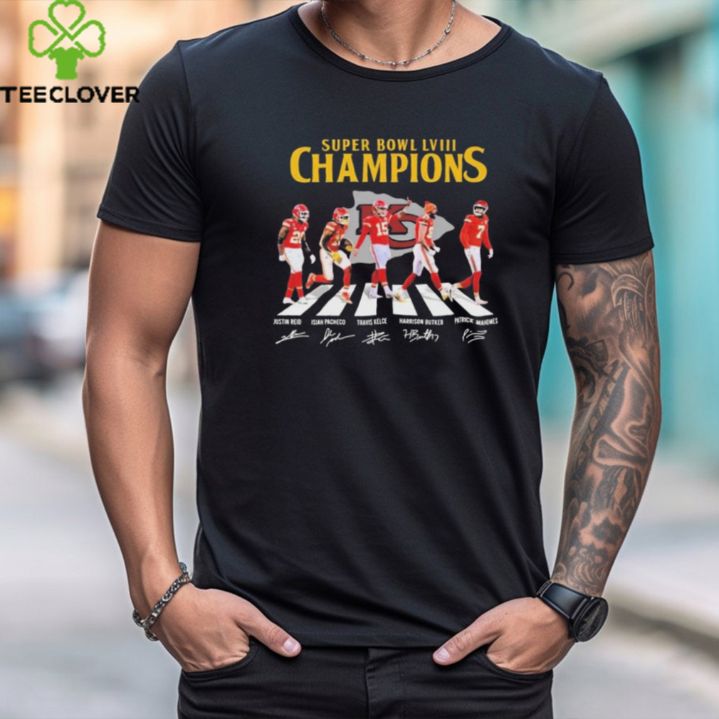 KC Chiefs Super Bowl LVIII Champions Reid Pacheco Kelce Butker and Mahomes abbey road signatures shirt KC Chiefs Super Bowl LVIII Champions Reid Pacheco Kelce Butker and Mahomes abbey road signatures shirt