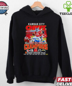 Kansas City Chiefs 2024 AFC West Champions 9 Straight Division Titles Mascot Shirt, featuring a graphic celebrating the Chiefs' ninth consecutive AFC West title, with the team mascot included. Perfect for fans honoring this impressive division dominance.