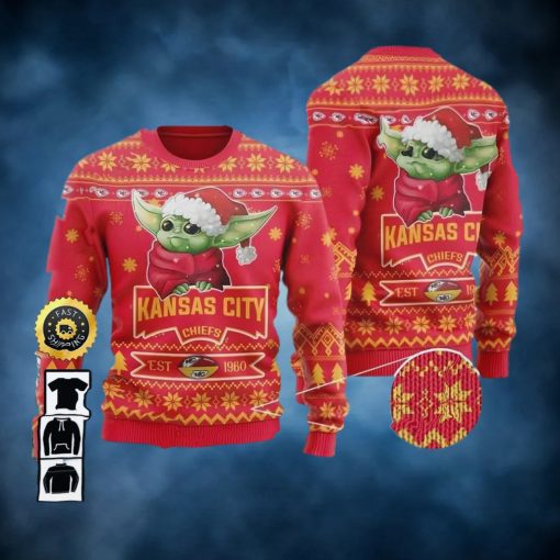 Kansas City Chiefs Est 1960 Baby Yoda Ugly Christmas Sweater, Faux Wool Sweater, National Football League, Gifts For Fans Football NFL, Football 3D Ugly Sweater – Prinvity