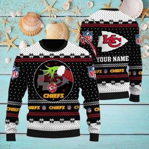 Kansas City Chiefs Grinch Hand Personalized Name 3D Ugly Christmas Sweater