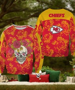 Kansas City Chiefs Skull And Rose Pattern Carolers Halloween Ugly Sweater For Men And Women Gift Christmas