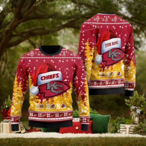 Kansas City Chiefs Symbol Wearing Santa Claus Hat Ho Ho Ho Personalized Ugly Christmas Sweater