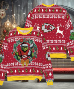 Kansas City Chiefs x Grinch NFL Dr. Seuss How the Grinch Stole Christmas with Super Bowl Trophy Ugly Christmas Sweater Red