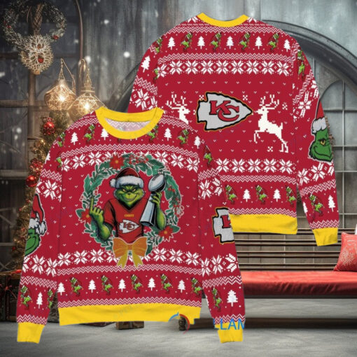 Kansas City Chiefs x Grinch NFL Dr. Seuss How the Grinch Stole Christmas with Super Bowl Trophy Ugly Christmas Sweater Red