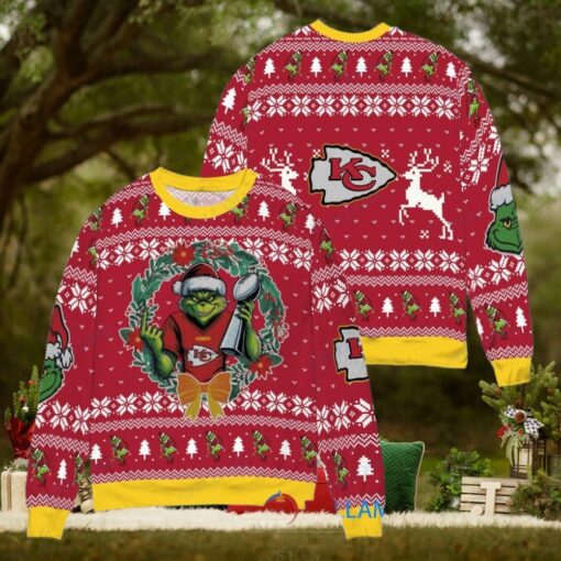 Kansas City Chiefs x Grinch NFL Dr. Seuss How the Grinch Stole Christmas with Super Bowl Trophy Ugly Christmas Sweater Red