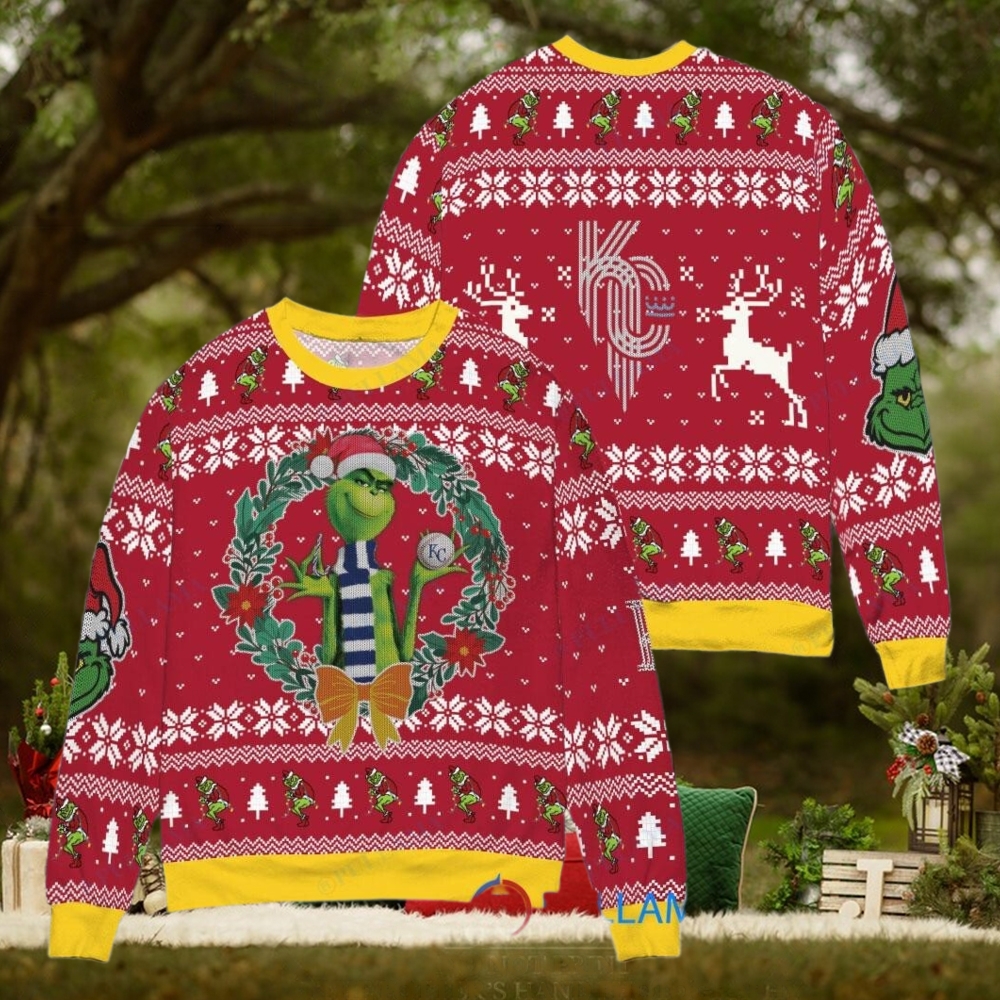 Kansas City Royals x Grinch Dr. Seuss How the Grinch Stole Christmas MLB with World Series Trophy Ugly Christmas Sweater Red Kansas City Royals x Grinch Dr. Seuss How the Grinch Stole Christmas MLB with World Series Trophy Ugly Christmas Sweater Red