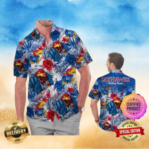 Kansas Jayhawks America Flag Tropical Floral Aloha Hawaiian Shirt Beach Shorts Custom Name For Men Women