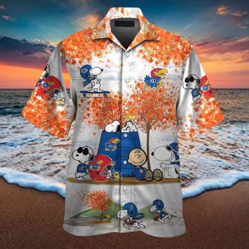 Kansas Jayhawks Snoopy Autumn Short Sleeve Button Up Tropical Hawaiian Shirt