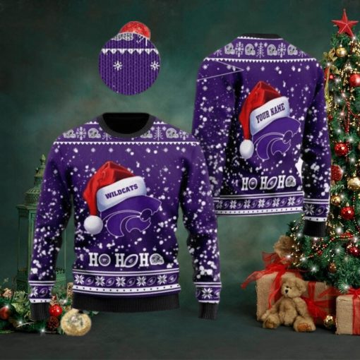 Kansas State Wildcats Santa Claus Hat Ho Ho Ho 3D Custom Name Ugly Christmas Sweater