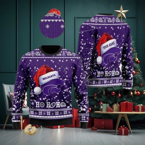 Kansas State Wildcats Santa Claus Hat Ho Ho Ho 3D Custom Name Ugly Christmas Sweater