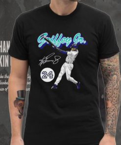 Ken Griffey Jr. number 24 Seattle Mariners baseball player action pose signature retro shirt