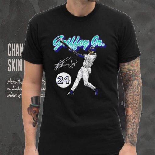Ken Griffey Jr. number 24 Seattle Mariners baseball player action pose signature retro shirt