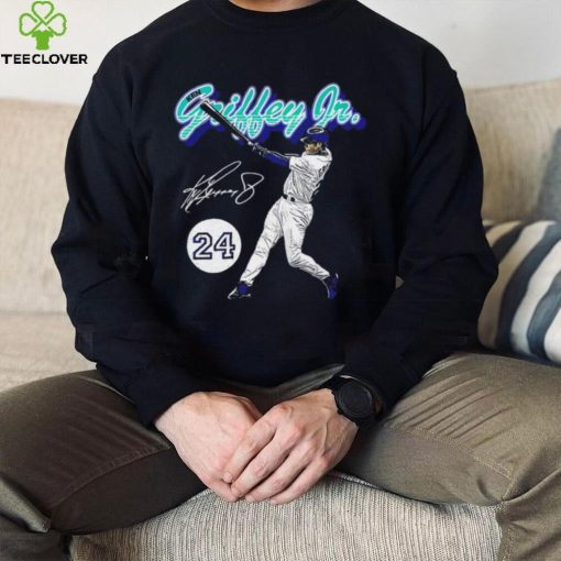 Ken Griffey Jr. number 24 Seattle Mariners baseball player action pose signature retro shirt