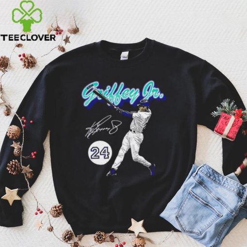 Ken Griffey Jr. number 24 Seattle Mariners baseball player action pose signature retro shirt