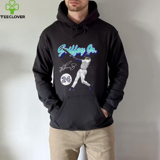 Ken Griffey Jr. number 24 Seattle Mariners baseball player action pose signature retro shirt