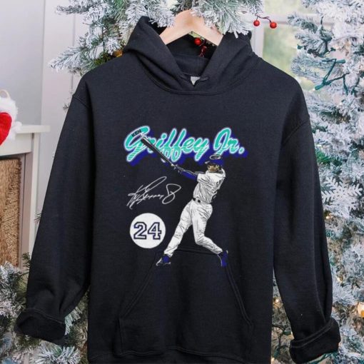 Ken Griffey Jr. number 24 Seattle Mariners baseball player action pose signature retro shirt