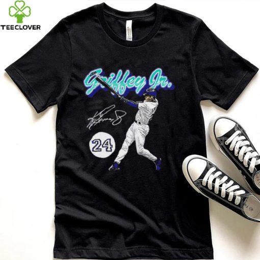 Ken Griffey Jr. number 24 Seattle Mariners baseball player action pose signature retro shirt
