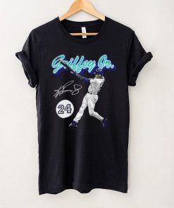 Ken Griffey Jr. number 24 Seattle Mariners baseball player action pose signature retro shirt