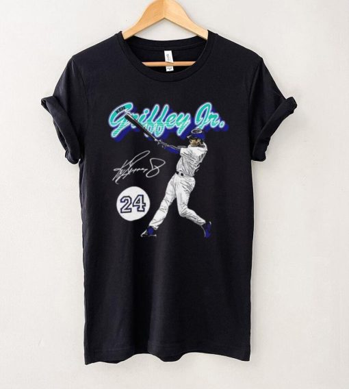 Ken Griffey Jr. number 24 Seattle Mariners baseball player action pose signature retro shirt