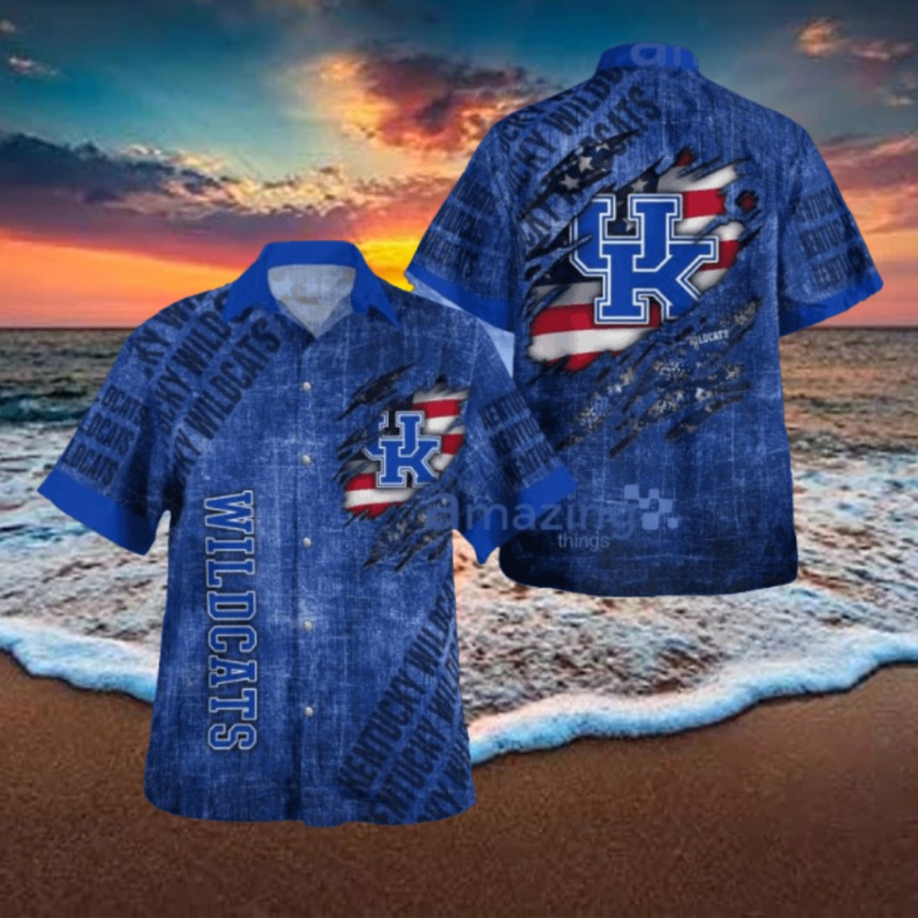 Kentucky Wildcats American Flag Retro Printed Button Down Tropical Hawaiian Shirt Kentucky Wildcats American Flag Retro Printed Button Down Tropical Hawaiian Shirt