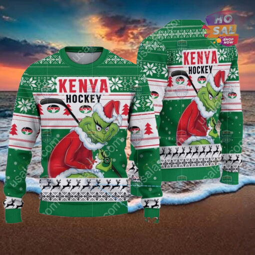 Kenya Ice Hockey Team Grinch Hockey Stick Ugly Christmas Sweater