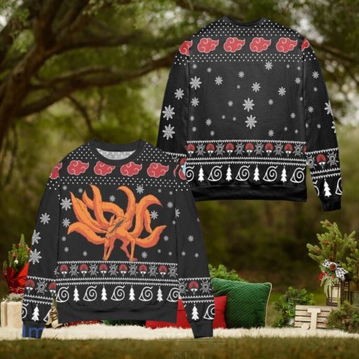 Kurama Naruto Akatsuki Logo Snowflake Ugly Christmas Sweater – Black